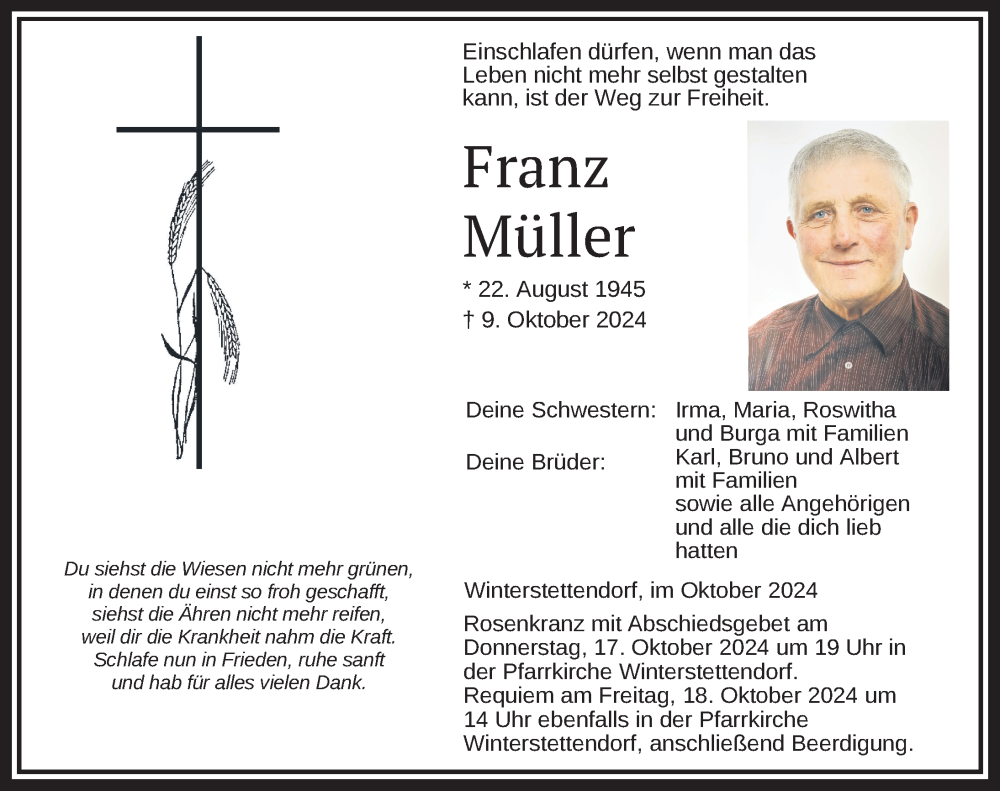  Traueranzeige für Franz Müller vom 16.10.2024 aus Biberach