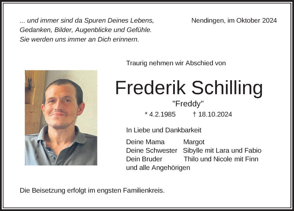  Traueranzeige für Frederik Schilling vom 24.10.2024 aus Tuttlingen, Spaichingen, Trossingen