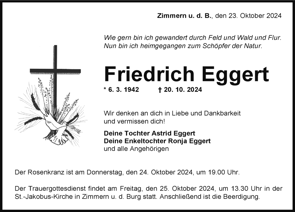  Traueranzeige für Friedrich Eggert vom 23.10.2024 aus Balingen