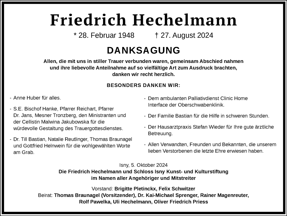  Traueranzeige für Friedrich Hechelmann vom 05.10.2024 aus Wangen