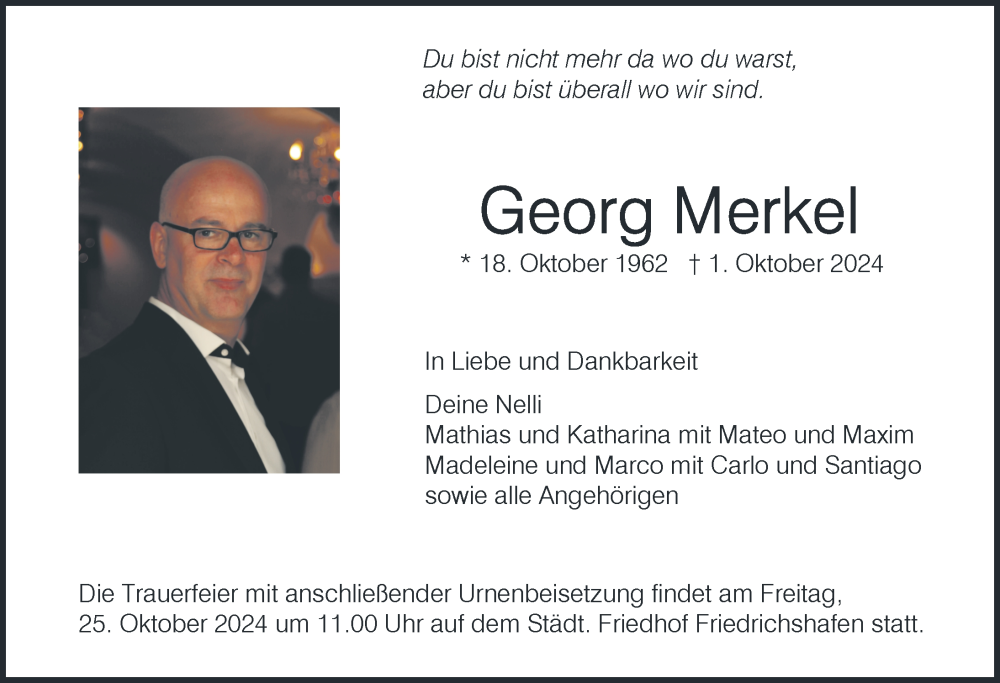  Traueranzeige für Georg Merkel vom 19.10.2024 aus Friedrichshafen