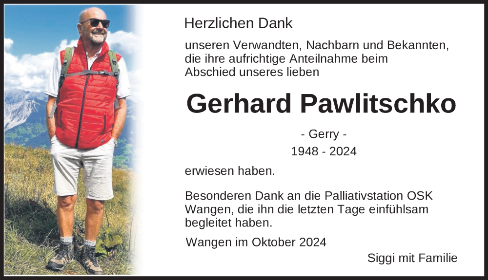  Traueranzeige für Gerhard Pawlitschko vom 12.10.2024 aus Wangen