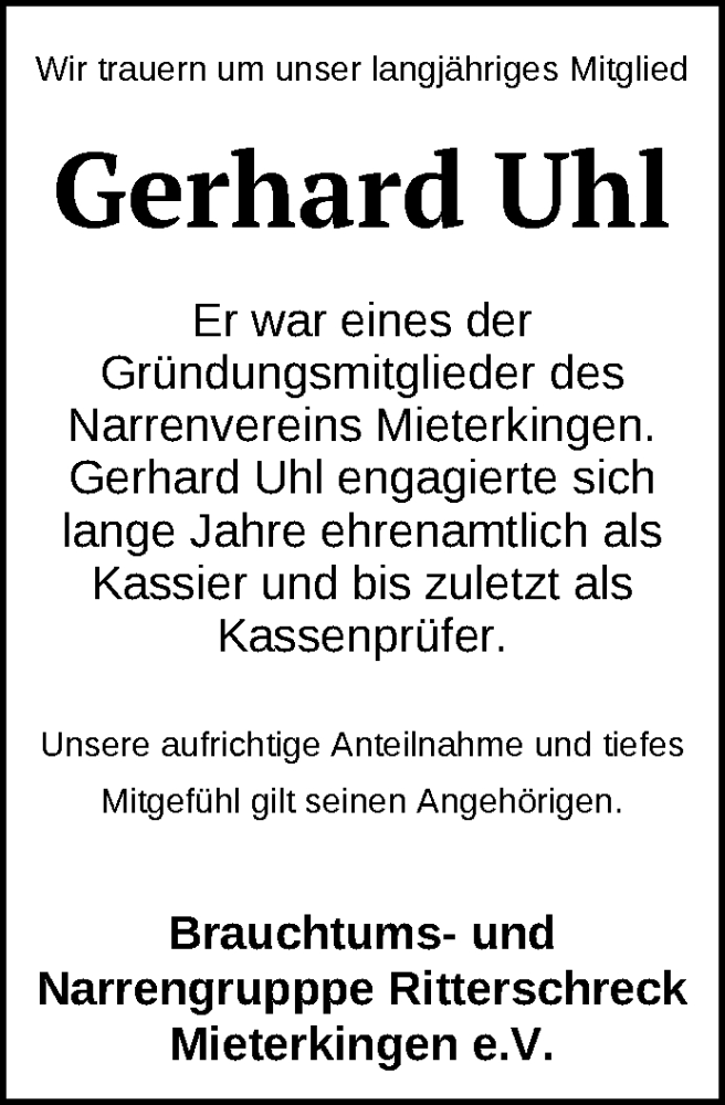  Traueranzeige für Gerhard Uhl vom 22.10.2024 aus Bad Saulgau