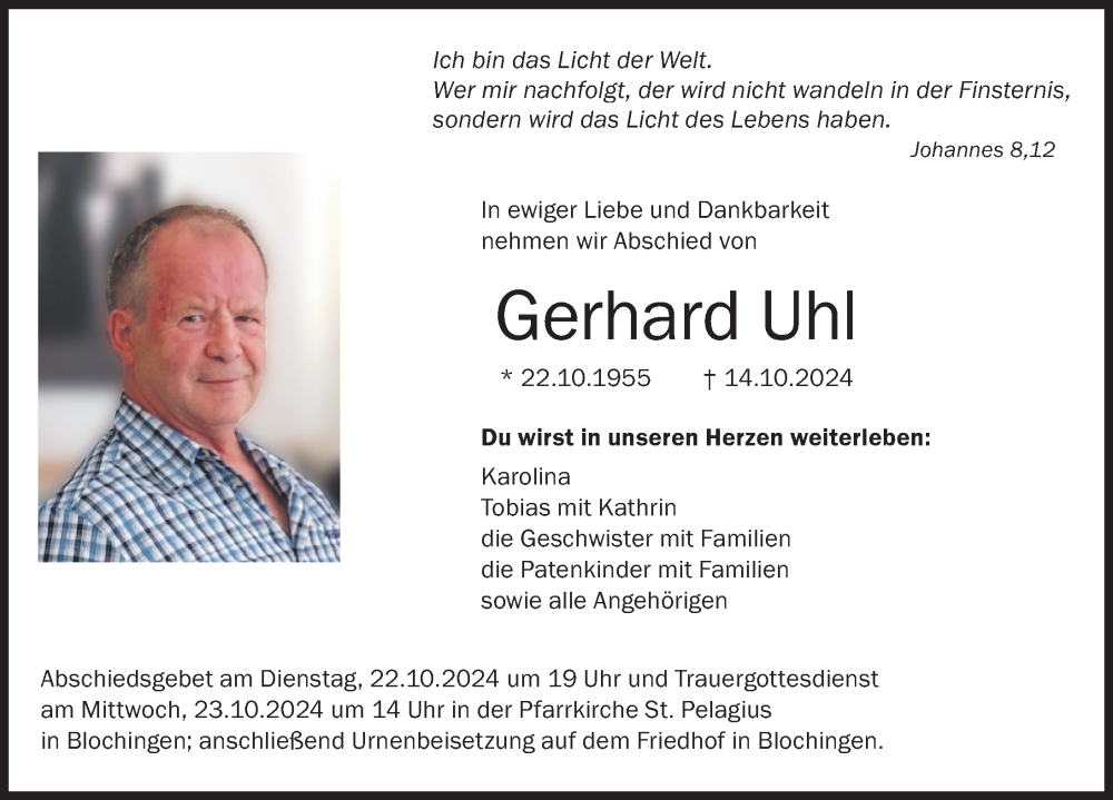  Traueranzeige für Gerhard Uhl vom 19.10.2024 aus Bad Saulgau