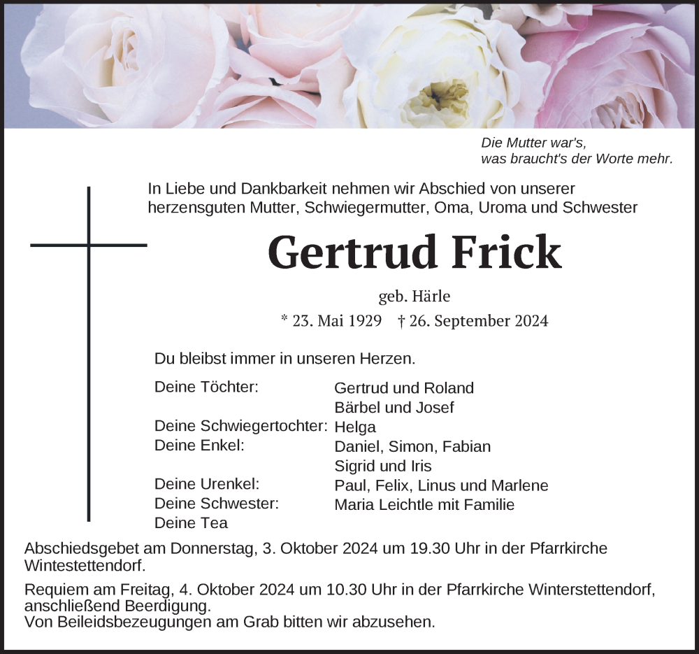  Traueranzeige für Gertrud Frick vom 02.10.2024 aus Biberach