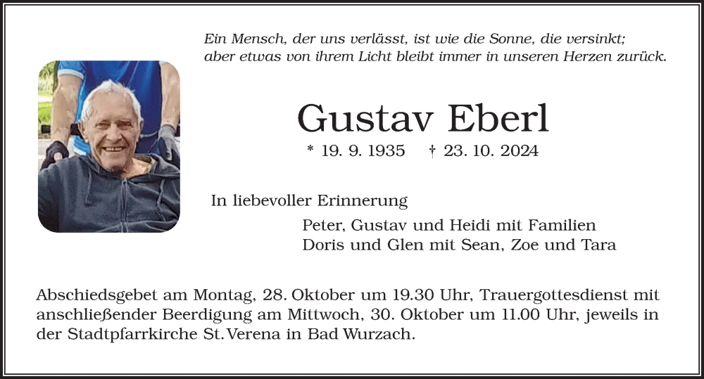  Traueranzeige für Gustav Eberl vom 26.10.2024 aus Leutkirch