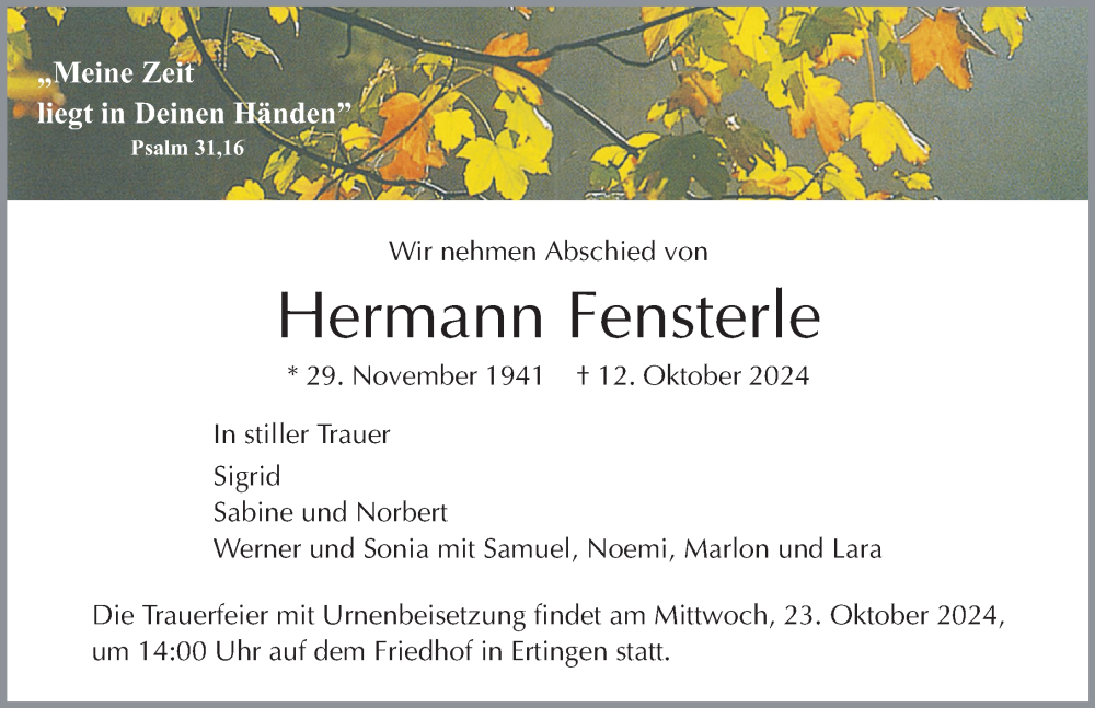  Traueranzeige für Hermann Fensterle vom 19.10.2024 aus Riedlingen