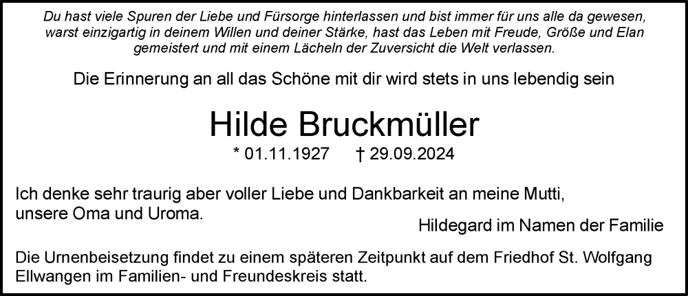  Traueranzeige für Hilde Bruckmüller vom 08.10.2024 aus Aalen /Ellwangen