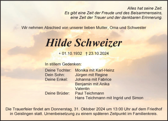 Anzeige von Hilde Schweizer von Balingen