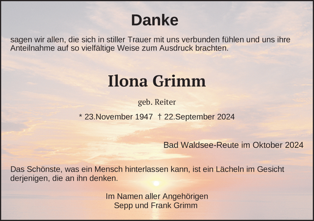  Traueranzeige für Ilona Grimm vom 12.10.2024 aus Leutkirch