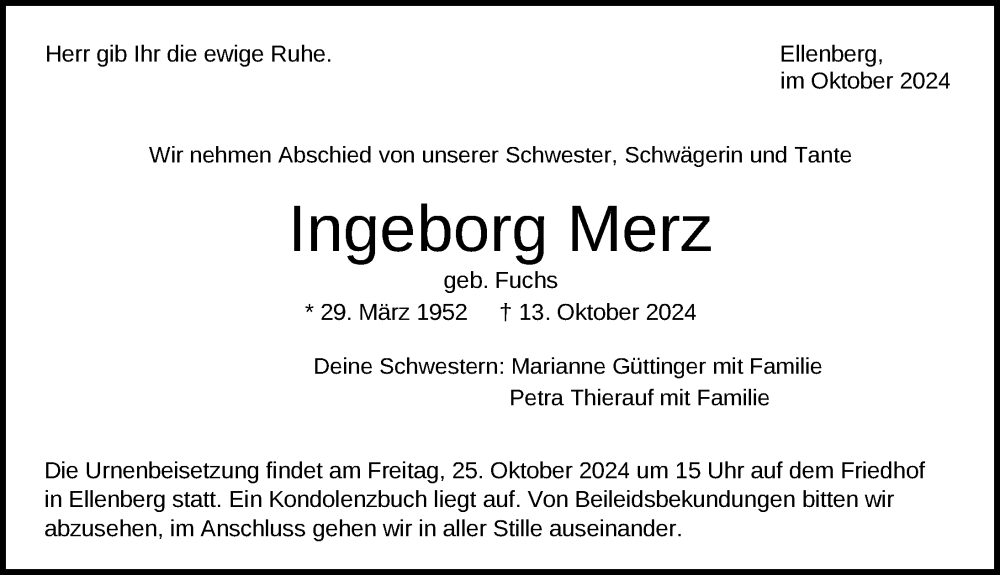  Traueranzeige für Ingeborg Merz vom 23.10.2024 aus Aalen /Ellwangen