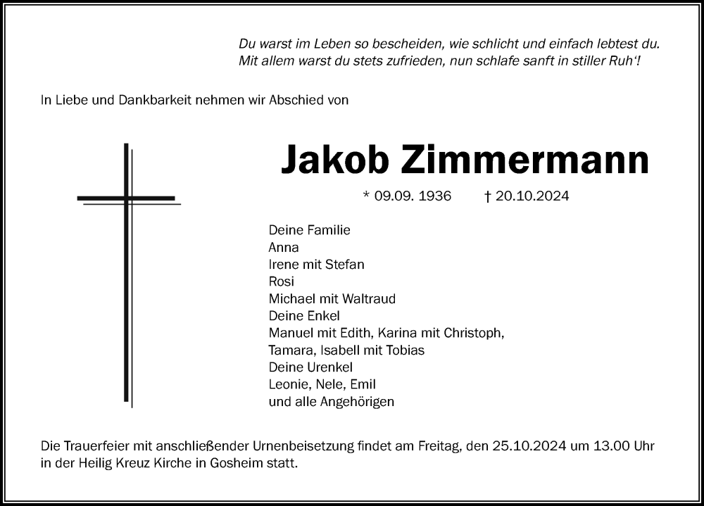  Traueranzeige für Jakob Zimmermann vom 23.10.2024 aus Tuttlingen, Spaichingen, Trossingen