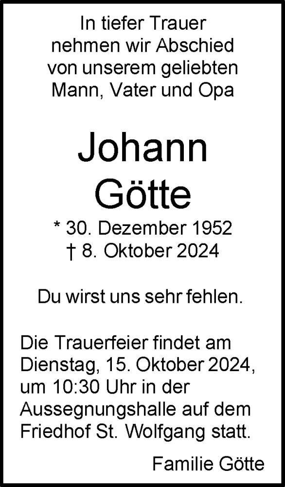  Traueranzeige für Johann Götte vom 12.10.2024 aus Aalen /Ellwangen