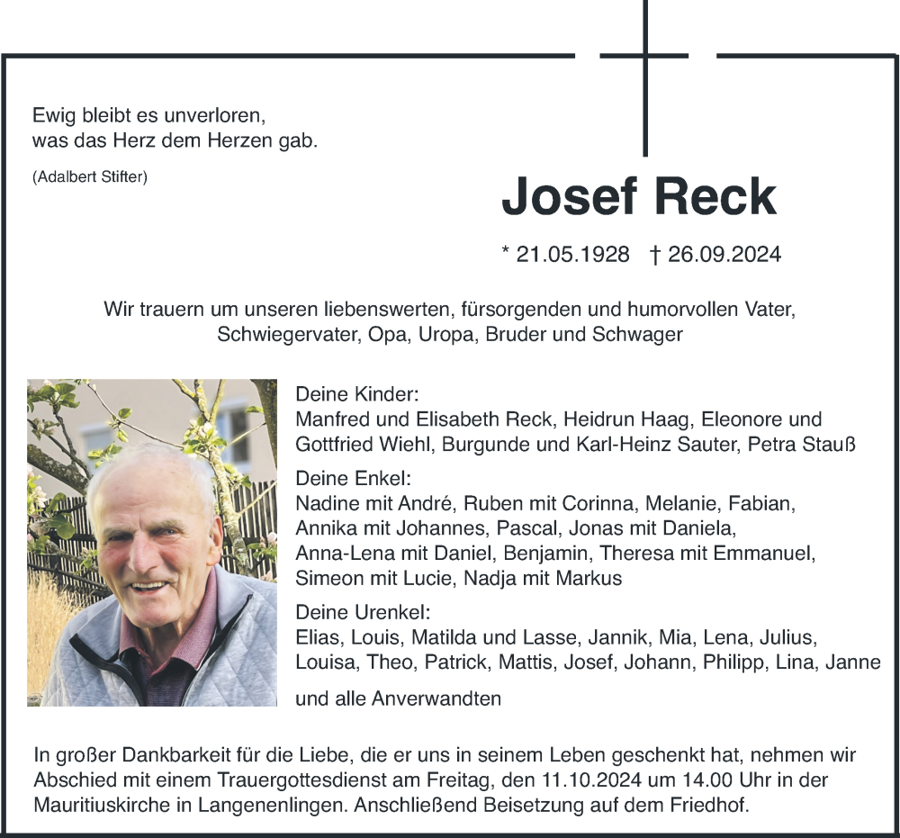  Traueranzeige für Josef Reck vom 04.10.2024 aus Riedlingen