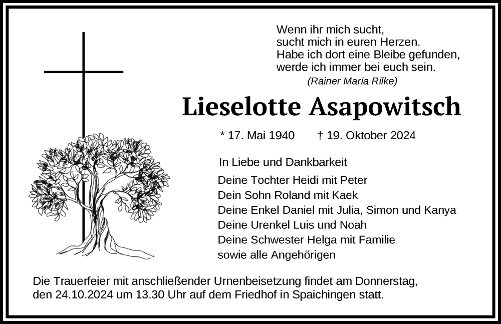  Traueranzeige für Lieselotte Asapowitsch vom 22.10.2024 aus Tuttlingen, Spaichingen, Trossingen