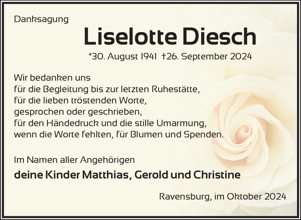  Traueranzeige für Liselotte Diesch vom 12.10.2024 aus Ravensburg