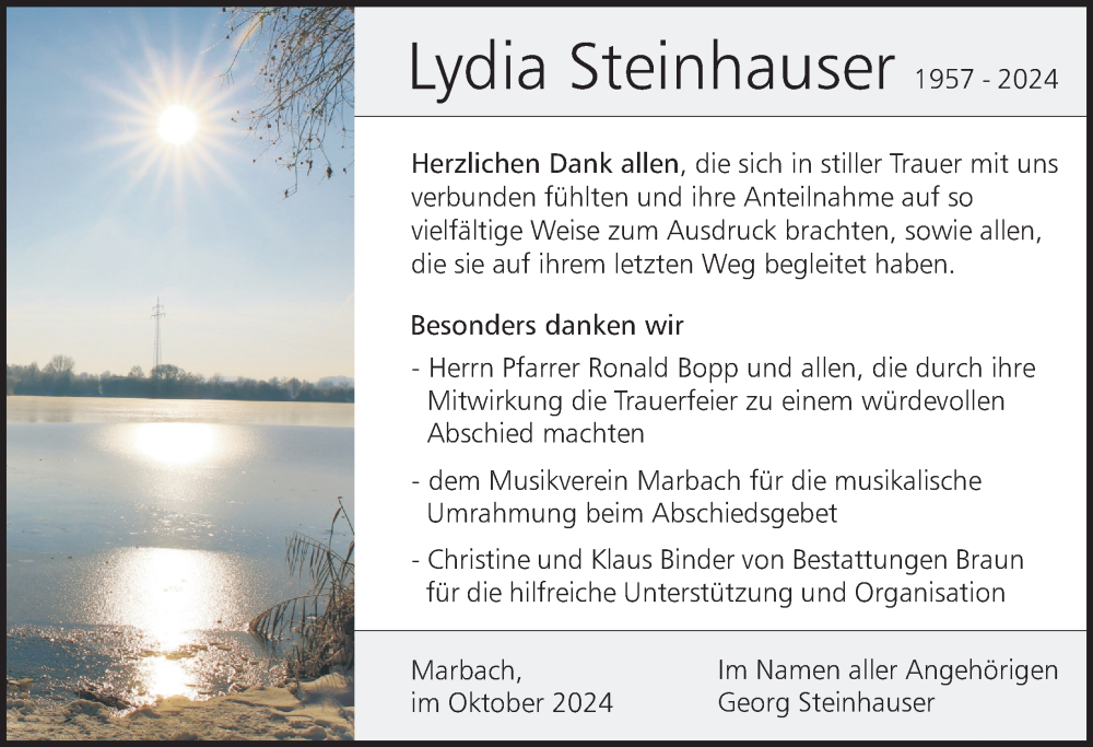  Traueranzeige für Lydia Steinhauser vom 12.10.2024 aus Bad Saulgau