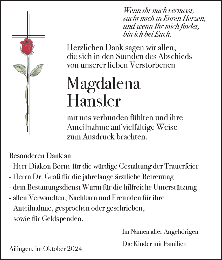  Traueranzeige für Magdalena Hansler vom 12.10.2024 aus Friedrichshafen