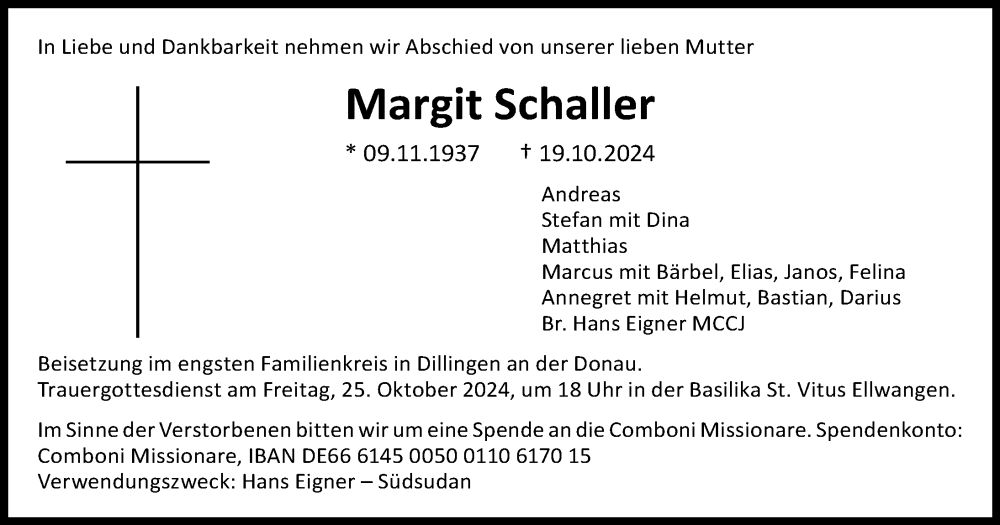  Traueranzeige für Margit Schaller vom 22.10.2024 aus Aalen /Ellwangen