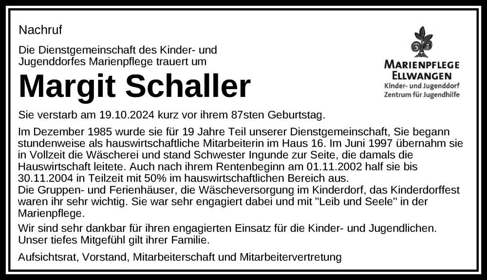  Traueranzeige für Margit Schaller vom 25.10.2024 aus Aalen /Ellwangen