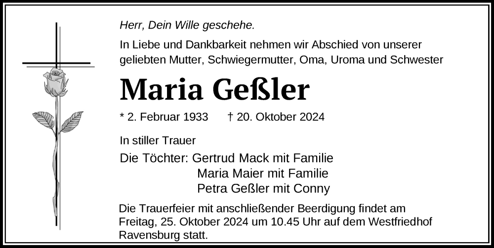  Traueranzeige für Maria Geßler vom 23.10.2024 aus Ravensburg