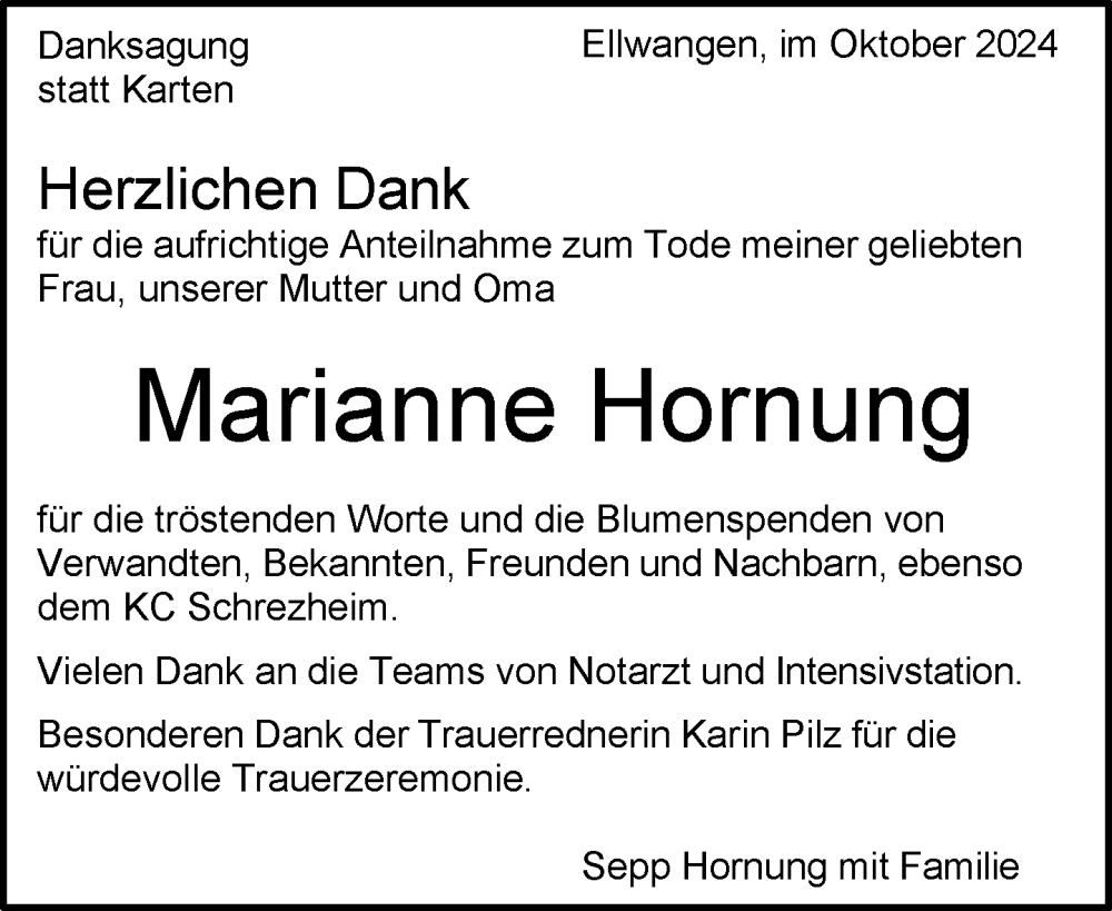  Traueranzeige für Marianne Hornung vom 15.10.2024 aus Aalen /Ellwangen