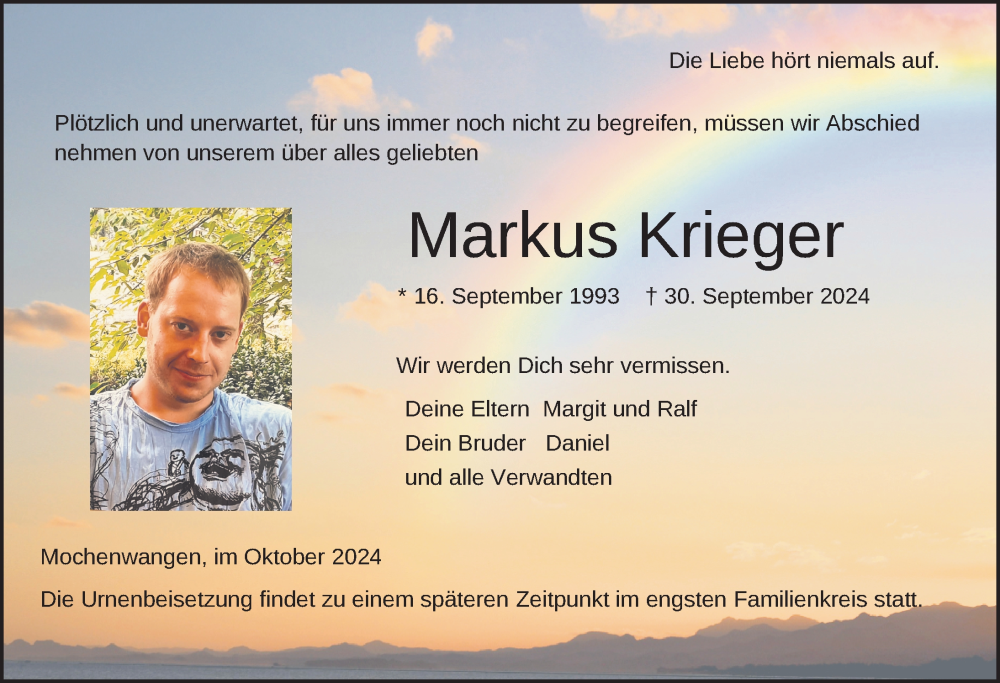  Traueranzeige für Markus Krieger vom 12.10.2024 aus Ravensburg