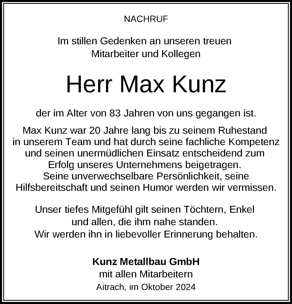  Traueranzeige für Max Kunz vom 19.10.2024 aus Leutkirch