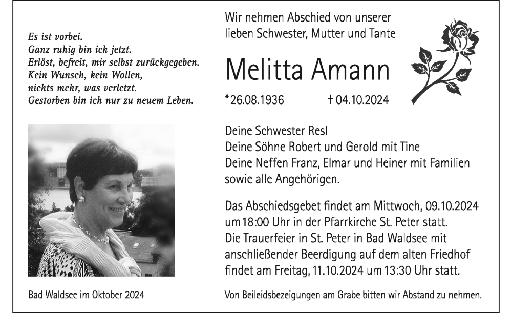  Traueranzeige für Melitta Amann vom 08.10.2024 aus Bad Waldsee