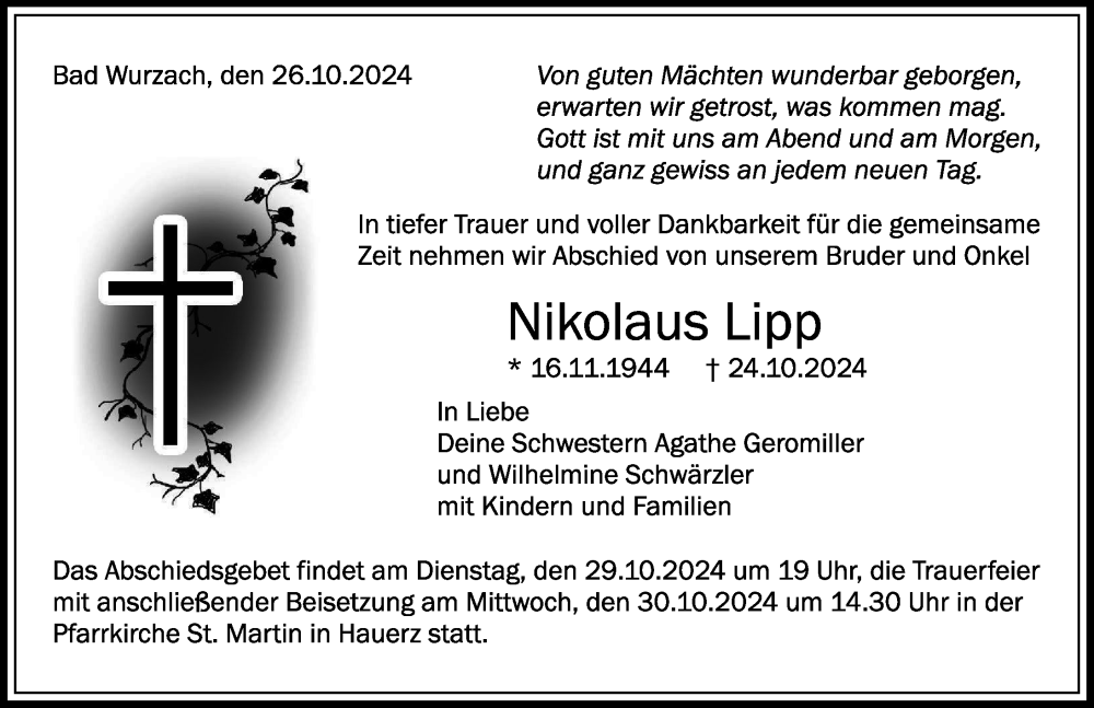  Traueranzeige für Nikolaus Lipp vom 26.10.2024 aus Leutkirch