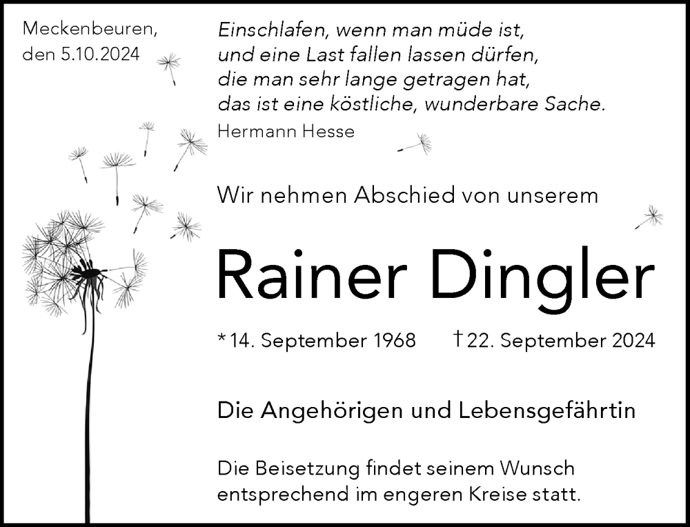  Traueranzeige für Rainer Dingler vom 05.10.2024 aus Tettnang