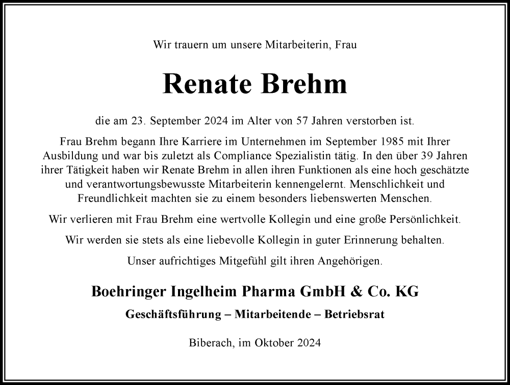  Traueranzeige für Renate Brehm vom 02.10.2024 aus Biberach