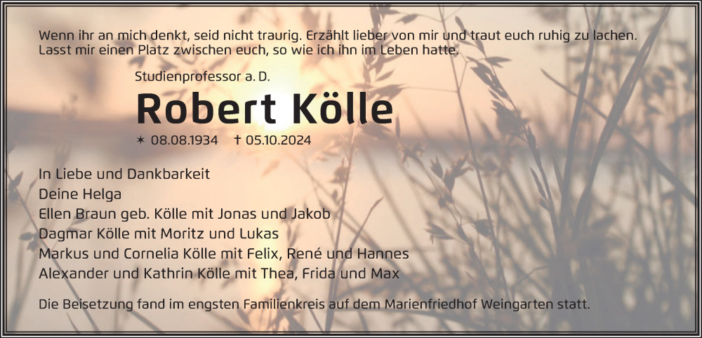  Traueranzeige für Robert Kölle vom 26.10.2024 aus Ravensburg