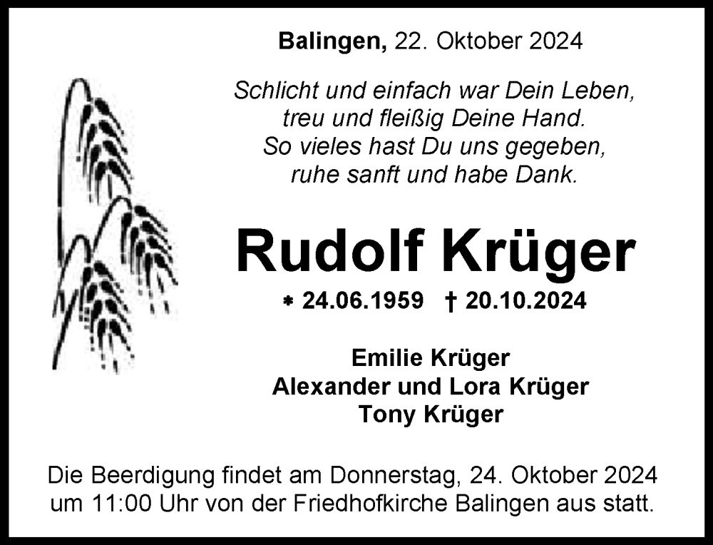  Traueranzeige für Rudolf Krüger vom 22.10.2024 aus Balingen