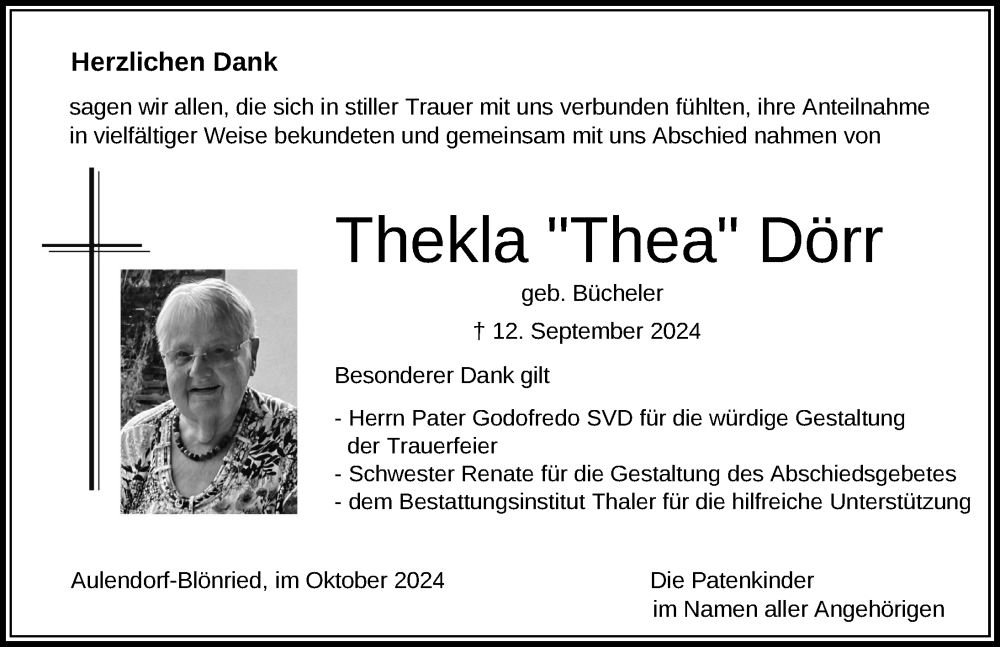  Traueranzeige für Thekla Dörr vom 19.10.2024 aus Bad Waldsee