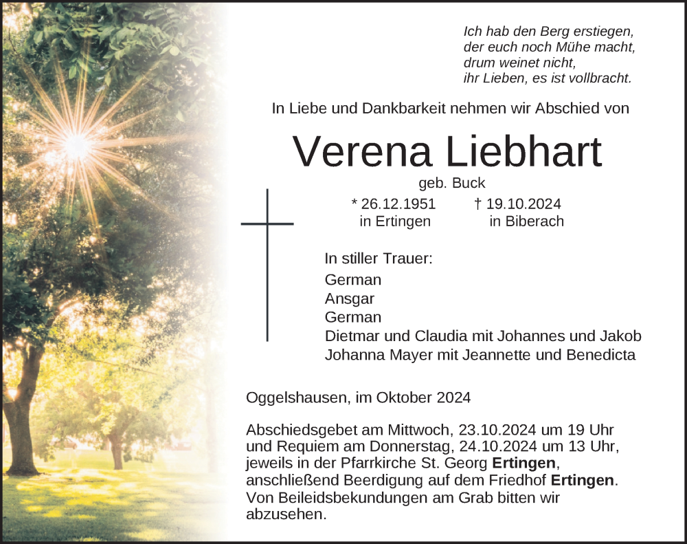  Traueranzeige für Verena Liebhart vom 22.10.2024 aus Riedlingen