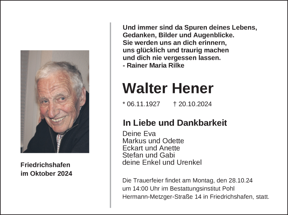  Traueranzeige für Walter Hener vom 23.10.2024 aus Friedrichshafen