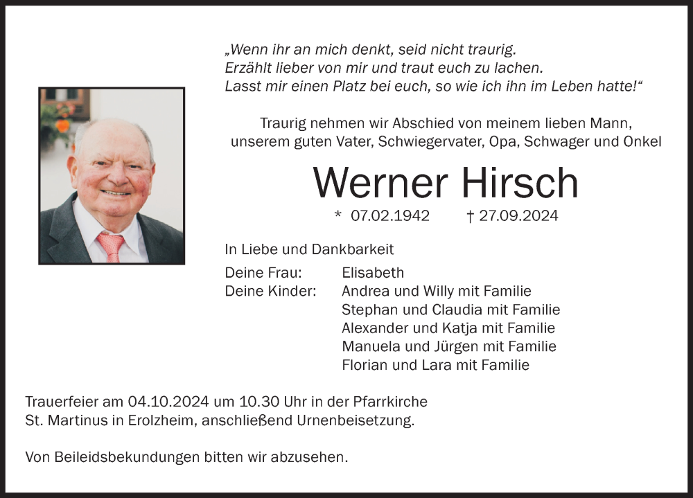  Traueranzeige für Werner Hirsch vom 02.10.2024 aus Biberach