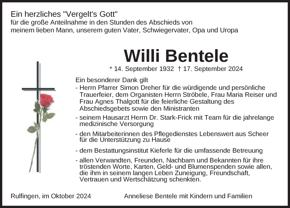  Traueranzeige für Willi Bentele vom 21.10.2024 aus Sigmaringen