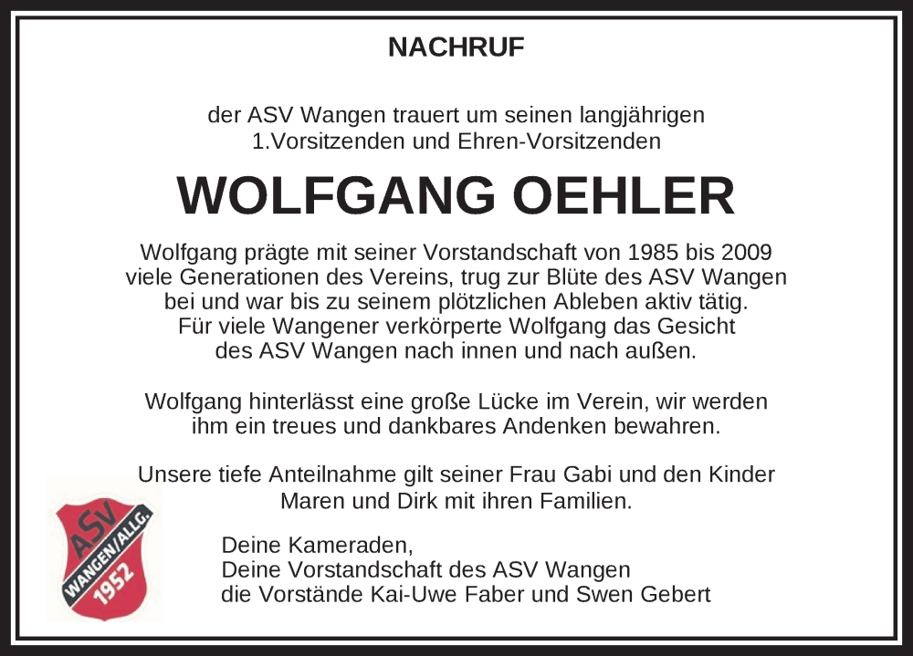  Traueranzeige für Wolfgang Oehler vom 28.10.2024 aus Wangen