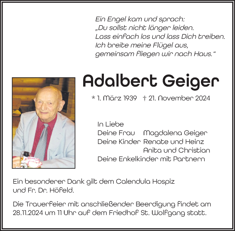  Traueranzeige für Adalbert Geiger vom 26.11.2024 aus Wangen