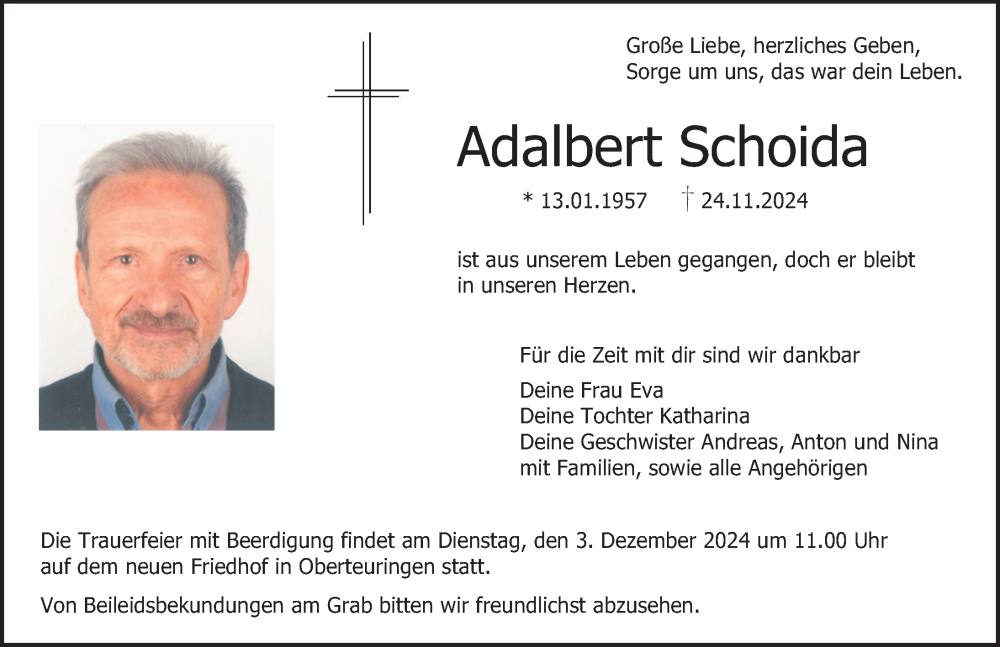  Traueranzeige für Adalbert Schoida vom 27.11.2024 aus Schwäbische Zeitung