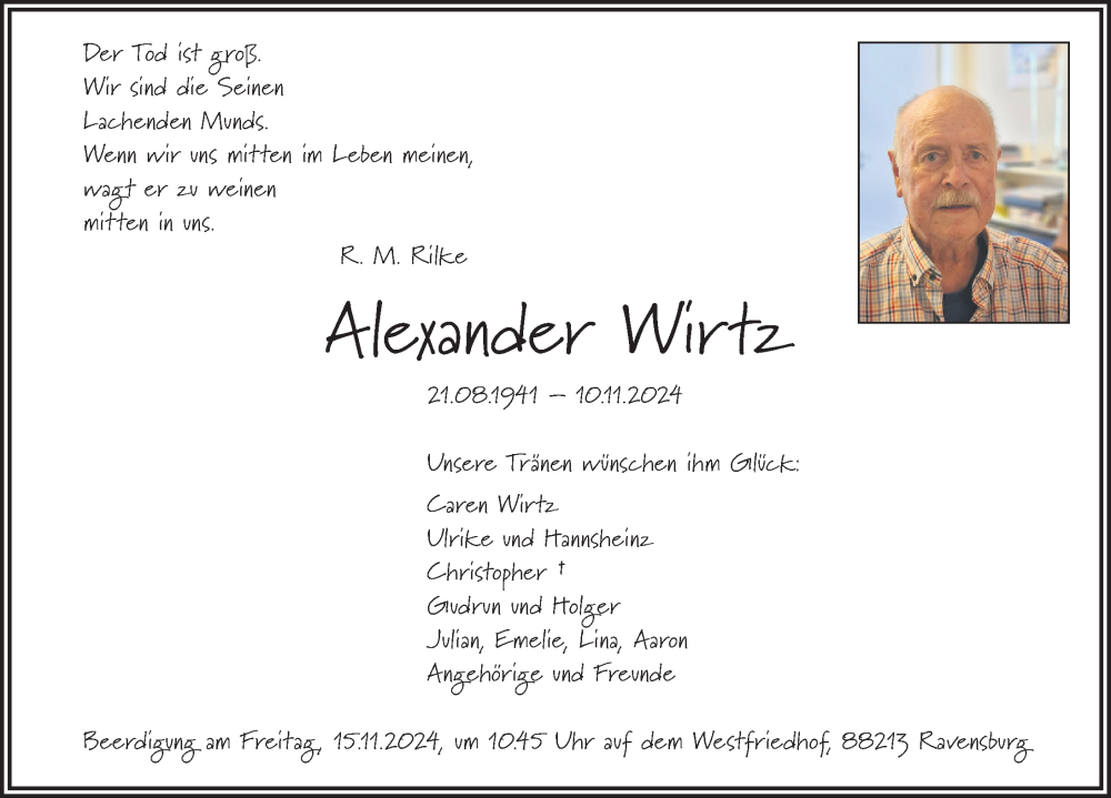  Traueranzeige für Alexander Wirtz vom 13.11.2024 aus Ravensburg