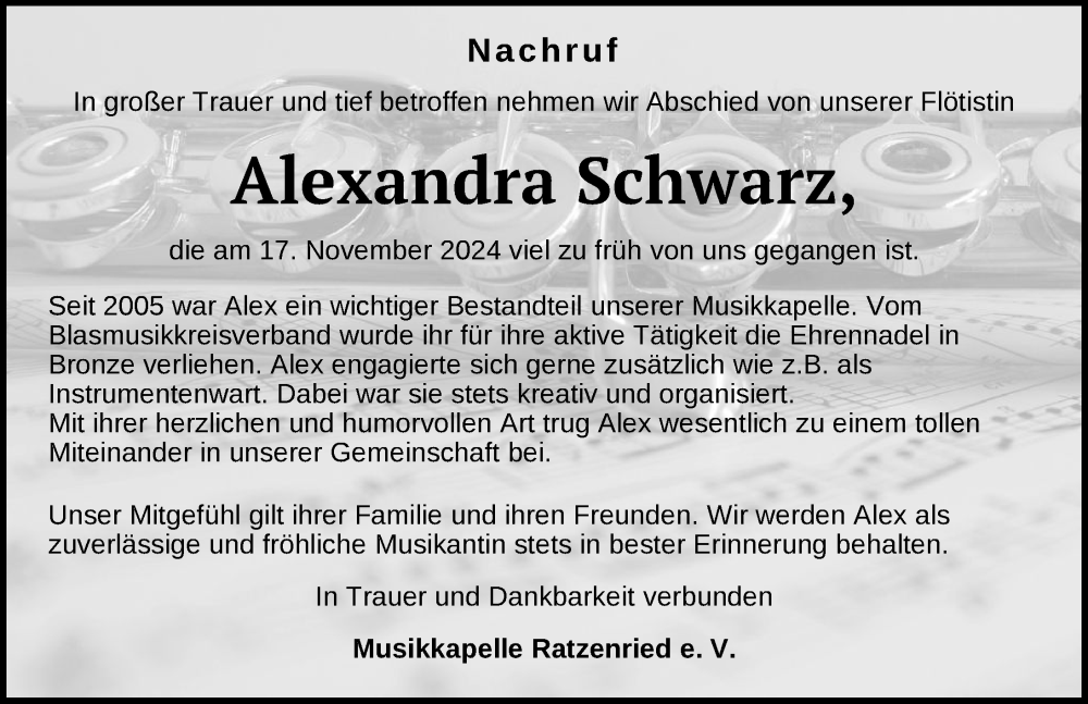  Traueranzeige für Alexandra Schwarz vom 26.11.2024 aus Wangen