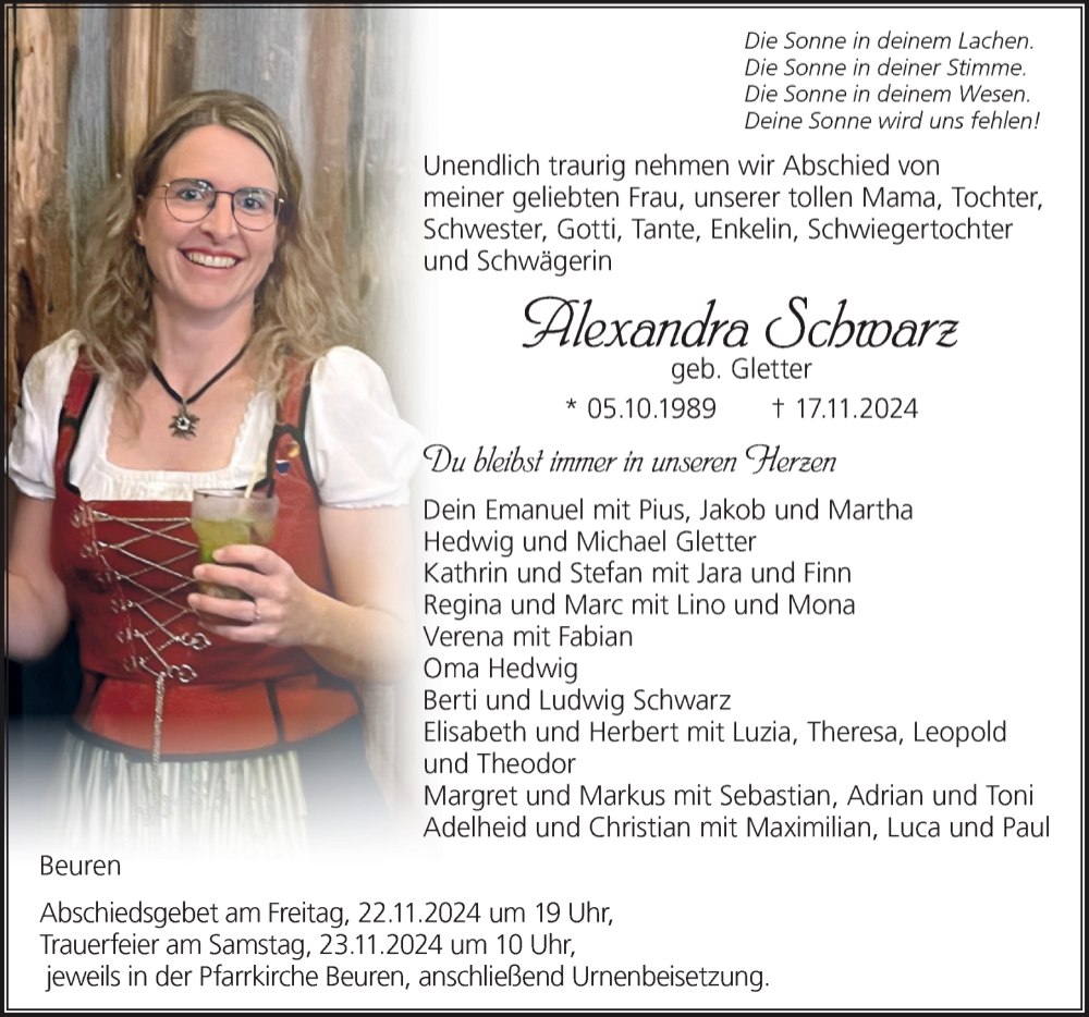  Traueranzeige für Alexandra Schwarz vom 20.11.2024 aus Leutkirch