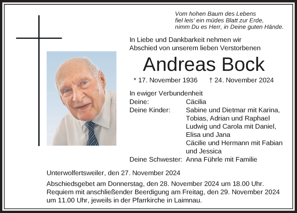  Traueranzeige für Andreas Bock vom 27.11.2024 aus Schwäbische Zeitung