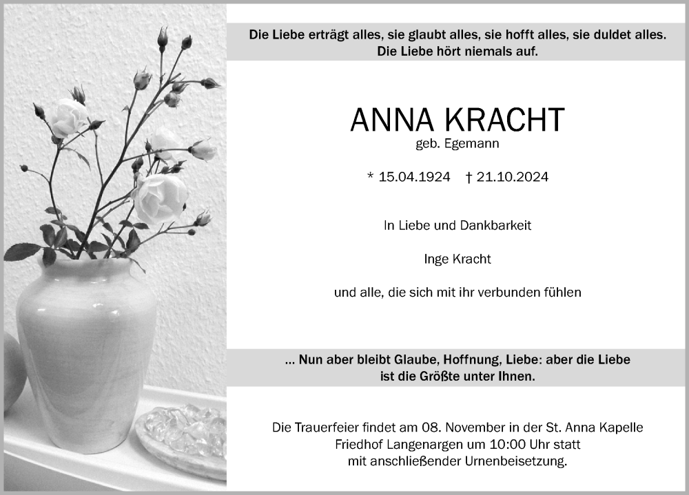  Traueranzeige für Anna Kracht vom 01.11.2024 aus Schwäbische Zeitung