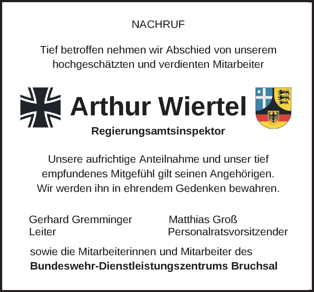  Traueranzeige für Arthur Wiertel vom 08.11.2024 aus Balingen