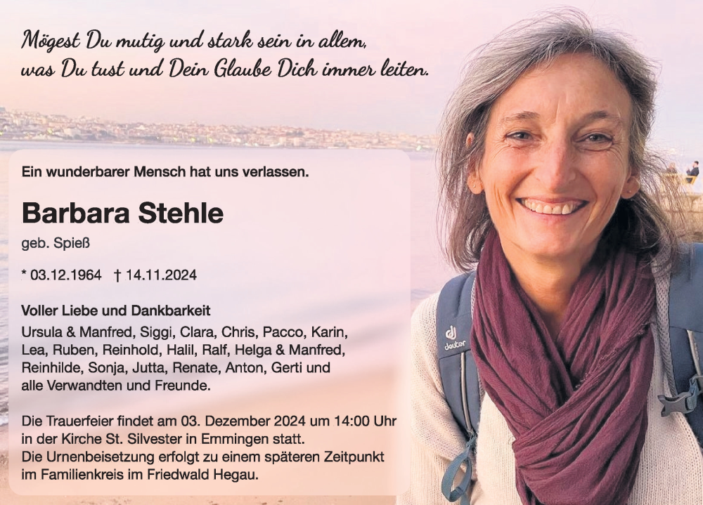  Traueranzeige für Barbara Stehle vom 26.11.2024 aus Tuttlingen, Spaichingen, Trossingen