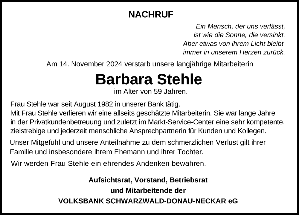  Traueranzeige für Barbara Stehle vom 27.11.2024 aus Schwäbische Zeitung